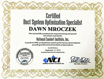 HVAC Contractor Dawn Mroczek's certification credentials