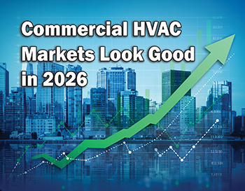 City-scape with arrows shows the upward trend for the commercial HVAC market in the U.S. in 2026.