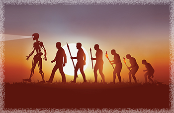 The evolving of mankind leads from apes to robots. Image captures this progression